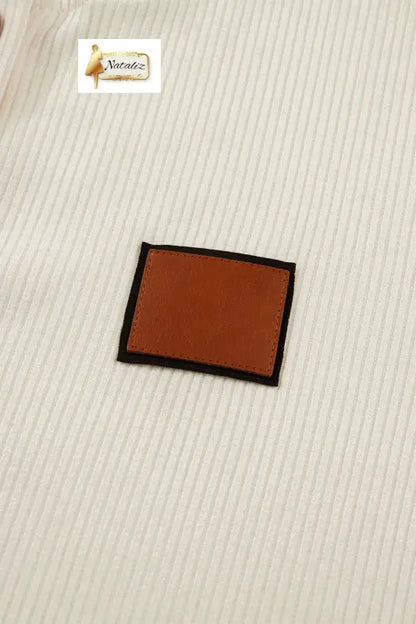 Beige Denim Patchwork Short Sleeve Ribbed Shirt Nataliz