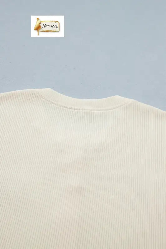 Beige Denim Patchwork Short Sleeve Ribbed Shirt Nataliz