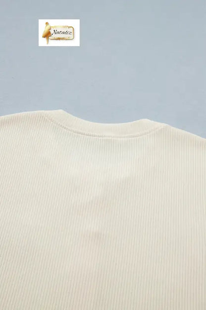 Beige Denim Patchwork Short Sleeve Ribbed Shirt Nataliz