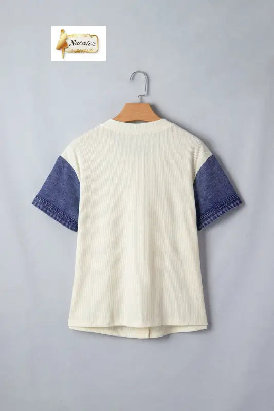 Beige Denim Patchwork Short Sleeve Ribbed Shirt Dear-Lover Dropshipping