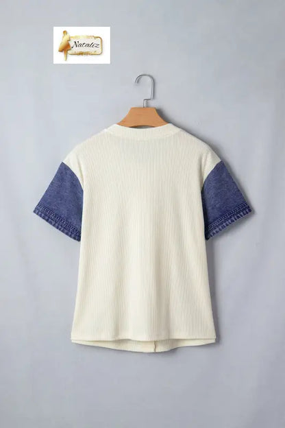 Beige Denim Patchwork Short Sleeve Ribbed Shirt Dear-Lover Dropshipping