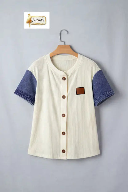 Beige Denim Patchwork Short Sleeve Ribbed Shirt Dear-Lover Dropshipping