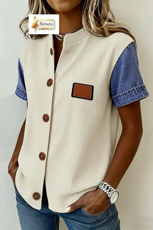 Beige Denim Patchwork Short Sleeve Ribbed Shirt Dear-Lover Dropshipping