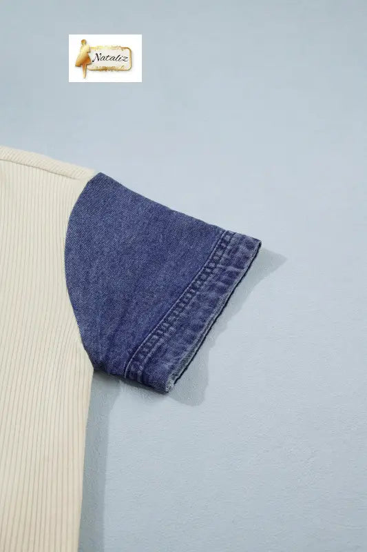 Beige Denim Patchwork Short Sleeve Ribbed Shirt Dear-Lover Dropshipping