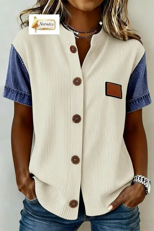 Beige Denim Patchwork Short Sleeve Ribbed Shirt Dear-Lover Dropshipping