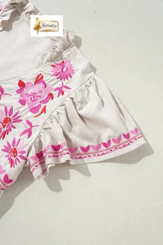 Beige Floral Embroidered Short Sleeve Notched V Neck Blouse Dear-Lover Dropshipping