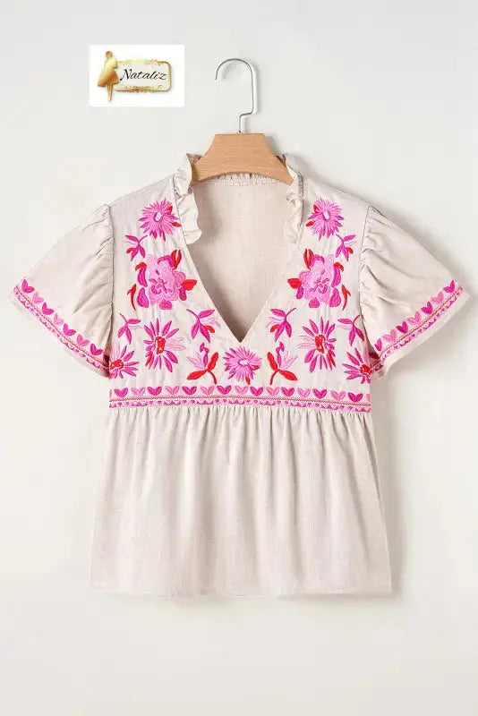 Beige Floral Embroidered Short Sleeve Notched V Neck Blouse Dear-Lover Dropshipping