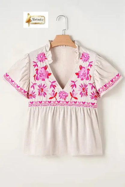 Beige Floral Embroidered Short Sleeve Notched V Neck Blouse Dear-Lover Dropshipping