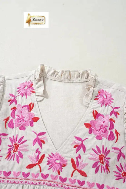 Beige Floral Embroidered Short Sleeve Notched V Neck Blouse Dear-Lover Dropshipping