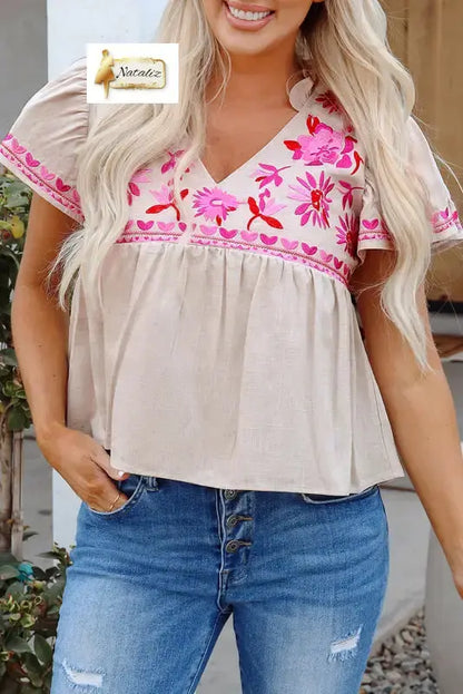 Beige Floral Embroidered Short Sleeve Notched V Neck Blouse Dear-Lover Dropshipping