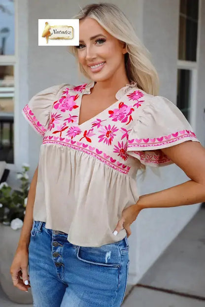 Beige Floral Embroidered Short Sleeve Notched V Neck Blouse Dear-Lover Dropshipping