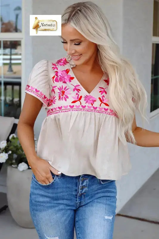 Beige Floral Embroidered Short Sleeve Notched V Neck Blouse Dear-Lover Dropshipping