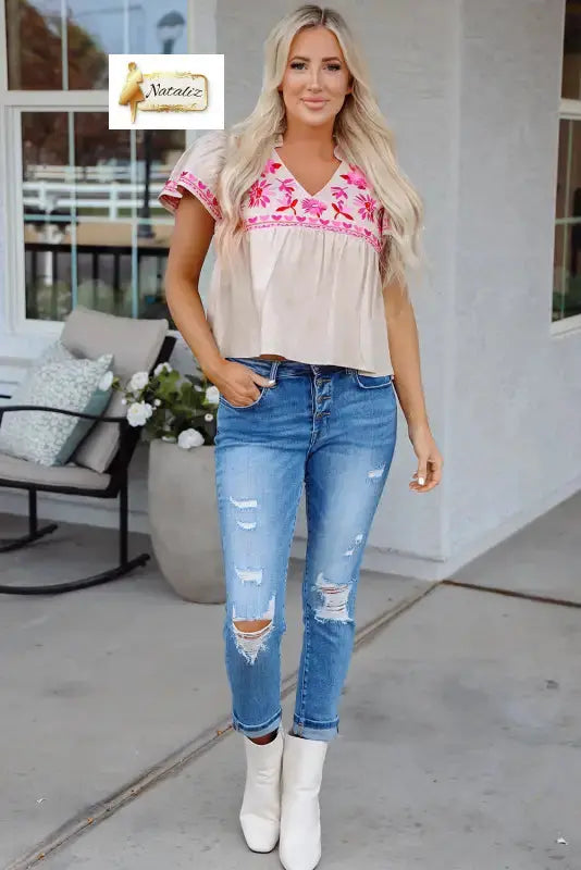 Beige Floral Embroidered Short Sleeve Notched V Neck Blouse Dear-Lover Dropshipping