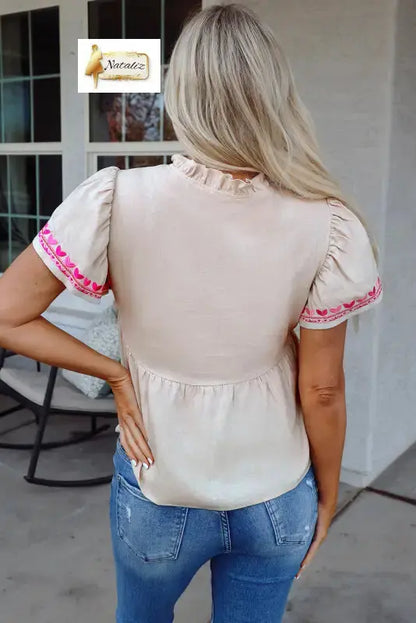 Beige Floral Embroidered Short Sleeve Notched V Neck Blouse Dear-Lover Dropshipping