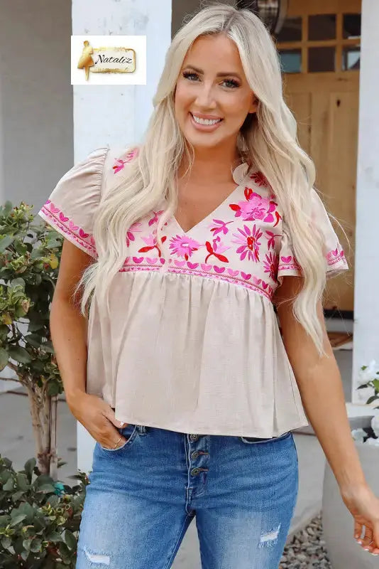 Beige Floral Embroidered Short Sleeve Notched V Neck Blouse Dear-Lover Dropshipping