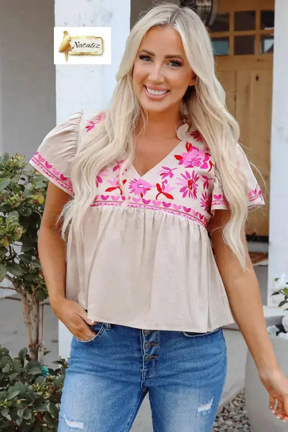 Beige Floral Embroidered Short Sleeve Notched V Neck Blouse Dear-Lover Dropshipping