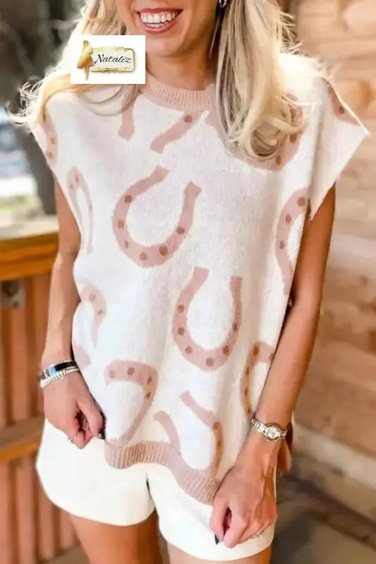Beige Horse Shoe Western Print Tied Side Cap Sleeve Knitted Top Dear-Lover Dropshipping