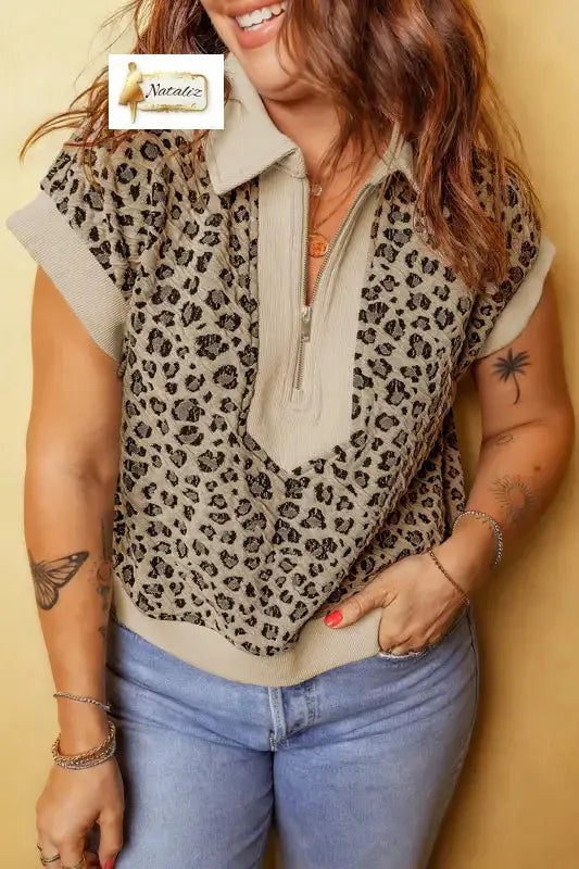 Beige Ribbed Patchwork Collar Cuffed Sleeve Leopard Plus Top - Beige / 1X / 85% Polyester + 10% Cotton + 5% Elastane