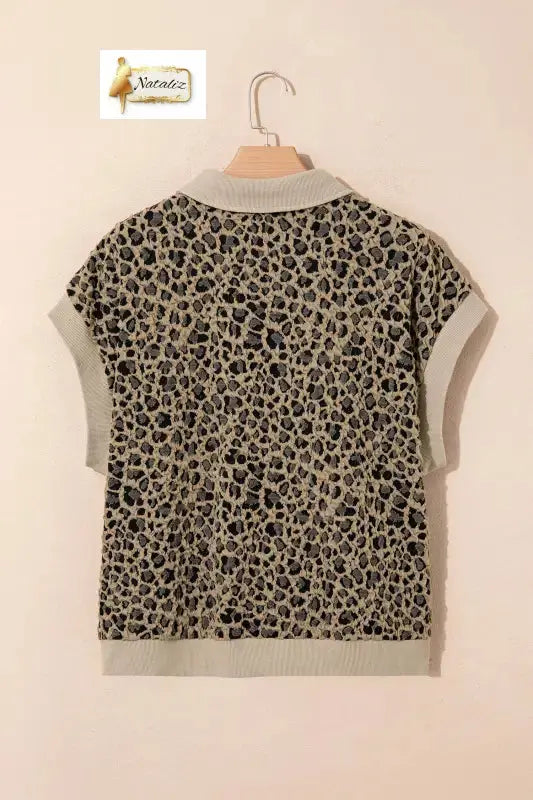 Beige Ribbed Patchwork Collar Cuffed Sleeve Leopard Plus Top - Tops