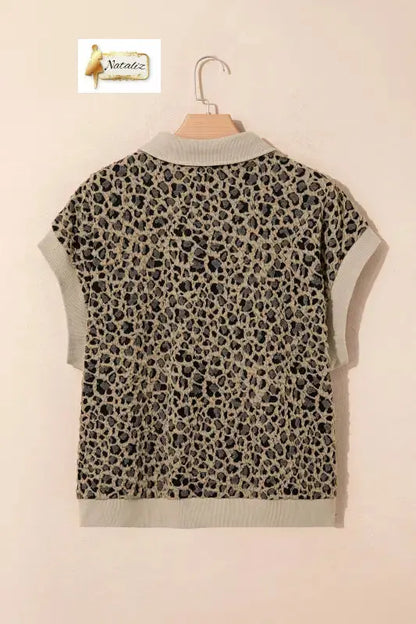 Beige Ribbed Patchwork Collar Cuffed Sleeve Leopard Plus Top - Tops