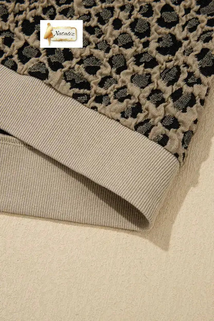 Beige Ribbed Patchwork Collar Cuffed Sleeve Leopard Plus Top - Tops