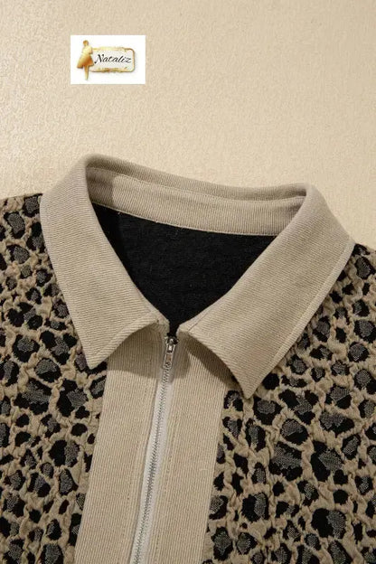 Beige Ribbed Patchwork Collar Cuffed Sleeve Leopard Plus Top - Tops