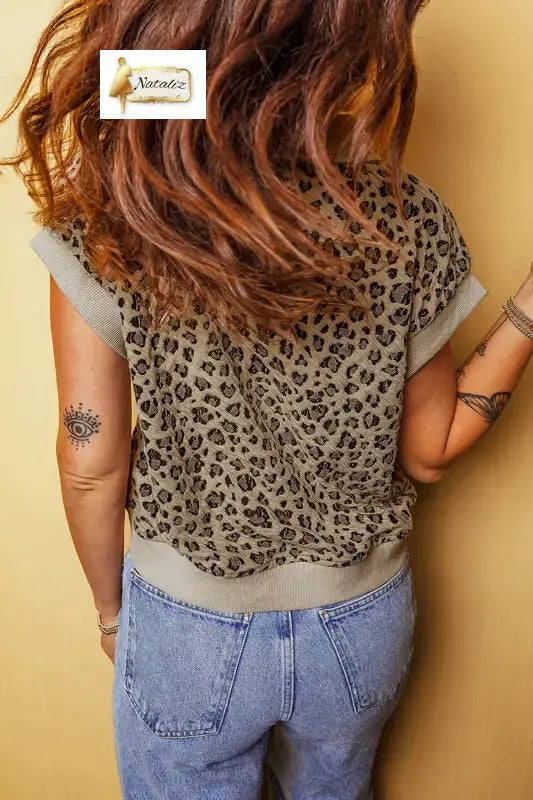 Beige Ribbed Patchwork Collar Cuffed Sleeve Leopard Plus Top - Tops