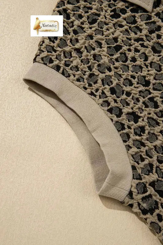 Beige Ribbed Patchwork Collar Cuffed Sleeve Leopard Plus Top - Tops