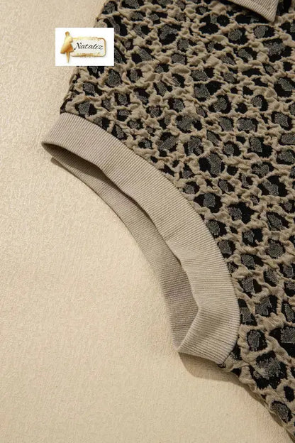 Beige Ribbed Patchwork Collar Cuffed Sleeve Leopard Plus Top - Tops