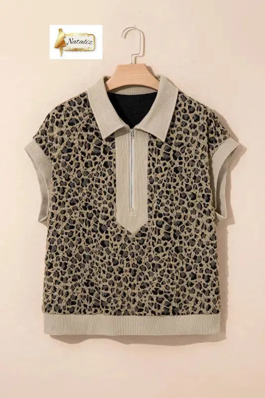 Beige Ribbed Patchwork Collar Cuffed Sleeve Leopard Plus Top - Tops