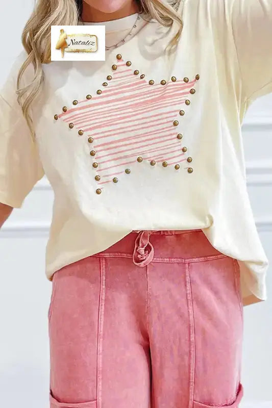 Beige Star Print Stud Detail 100% Cotton Jersey Top Dear-Lover Dropshipping