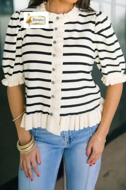 Beige Stripe Ruffle Trim Button Down Knit Short Sleeve Sweater Cardigan Dear-Lover Dropshipping