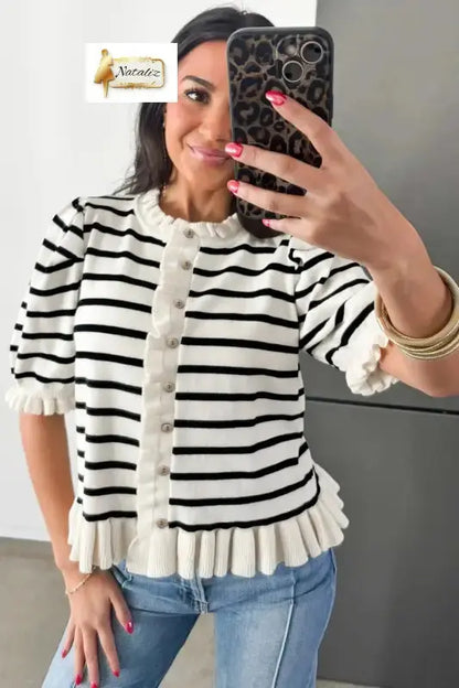 Beige Stripe Ruffle Trim Button Down Knit Short Sleeve Sweater Cardigan Dear-Lover Dropshipping