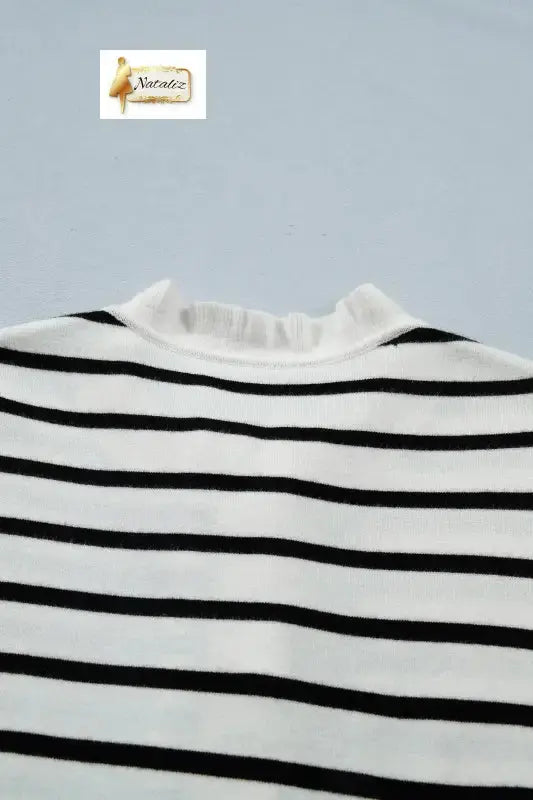 Beige Stripe Ruffle Trim Button Down Knit Short Sleeve Sweater Cardigan Nataliz