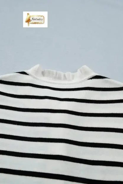 Beige Stripe Ruffle Trim Button Down Knit Short Sleeve Sweater Cardigan Nataliz