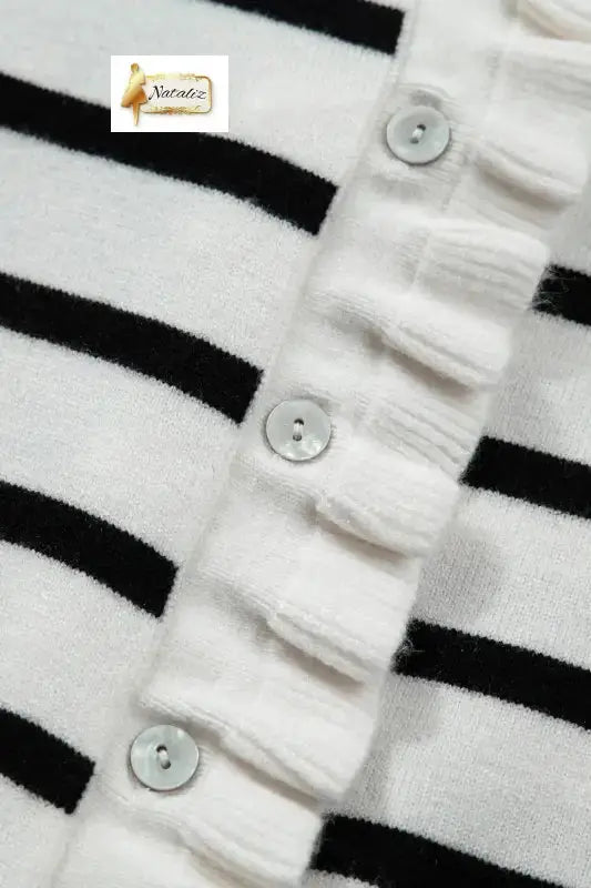 Beige Stripe Ruffle Trim Button Down Knit Short Sleeve Sweater Cardigan Nataliz