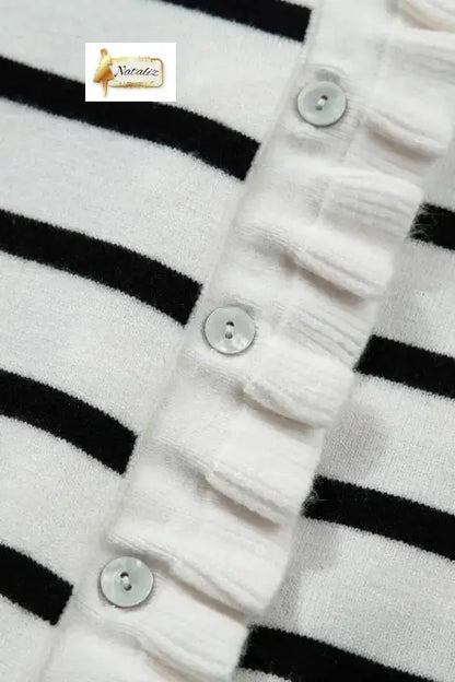 Beige Stripe Ruffle Trim Button Down Knit Short Sleeve Sweater Cardigan Nataliz