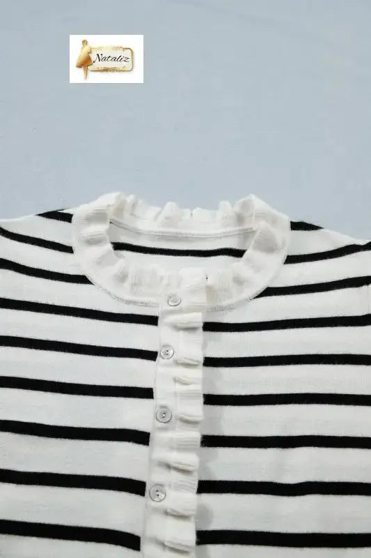 Beige Stripe Ruffle Trim Button Down Knit Short Sleeve Sweater Cardigan Nataliz