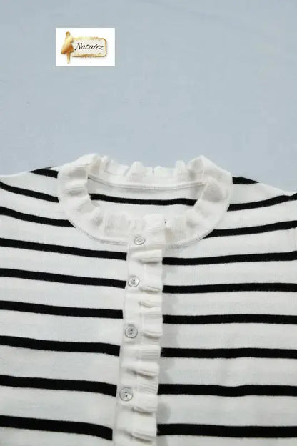 Beige Stripe Ruffle Trim Button Down Knit Short Sleeve Sweater Cardigan Nataliz