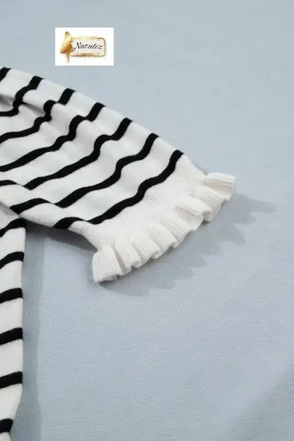 Beige Stripe Ruffle Trim Button Down Knit Short Sleeve Sweater Cardigan Nataliz