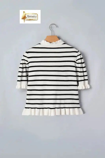 Beige Stripe Ruffle Trim Button Down Knit Short Sleeve Sweater Cardigan Nataliz