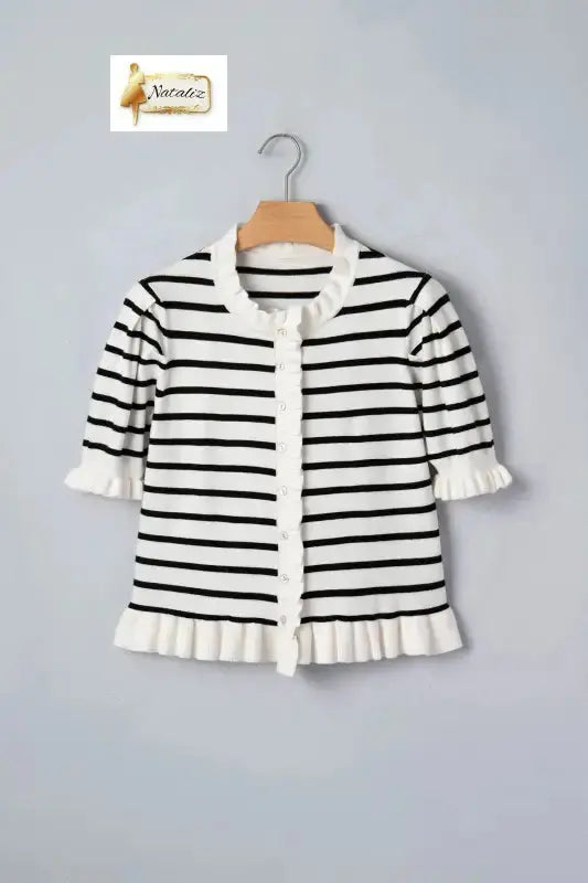 Beige Stripe Ruffle Trim Button Down Knit Short Sleeve Sweater Cardigan Dear-Lover Dropshipping