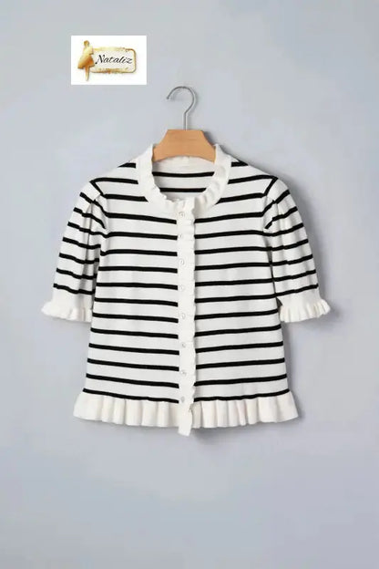 Beige Stripe Ruffle Trim Button Down Knit Short Sleeve Sweater Cardigan Dear-Lover Dropshipping