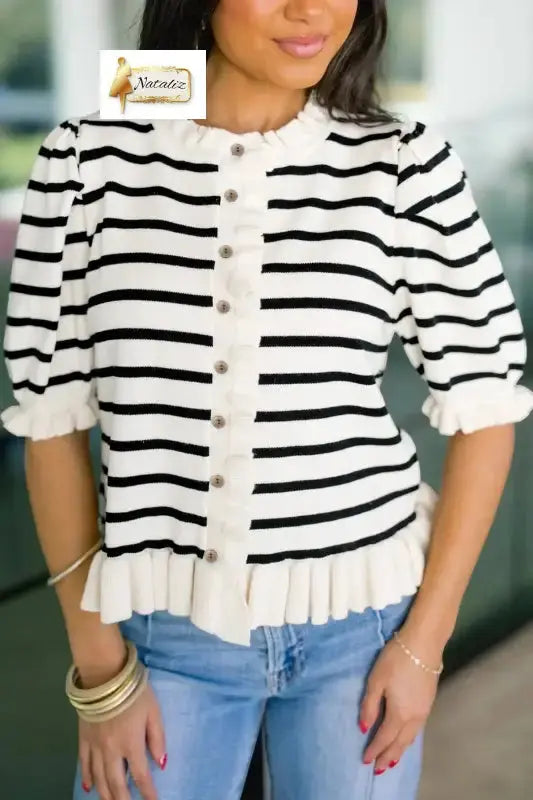 Beige Stripe Ruffle Trim Button Down Knit Short Sleeve Sweater Cardigan Dear-Lover Dropshipping
