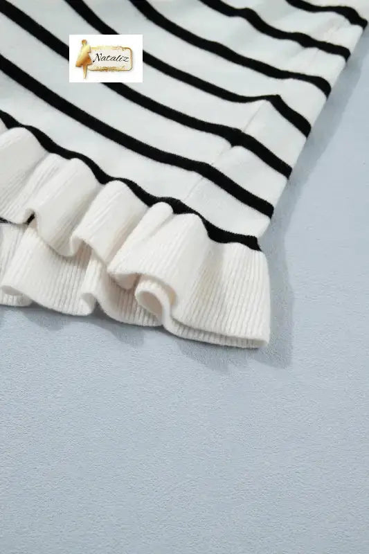 Beige Stripe Ruffle Trim Button Down Knit Short Sleeve Sweater Cardigan Nataliz