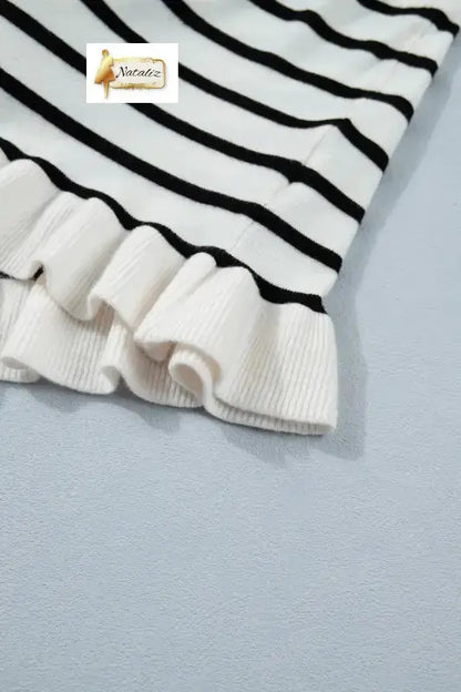 Beige Stripe Ruffle Trim Button Down Knit Short Sleeve Sweater Cardigan Nataliz