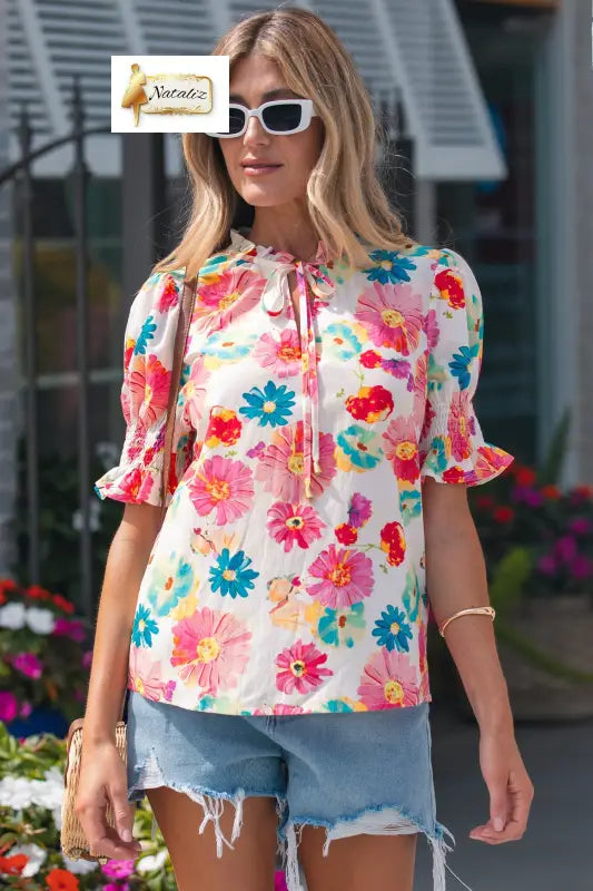 Beige Vibrant Summer Floral Tie V Neck Short Puff Sleeve Blouse Nataliz