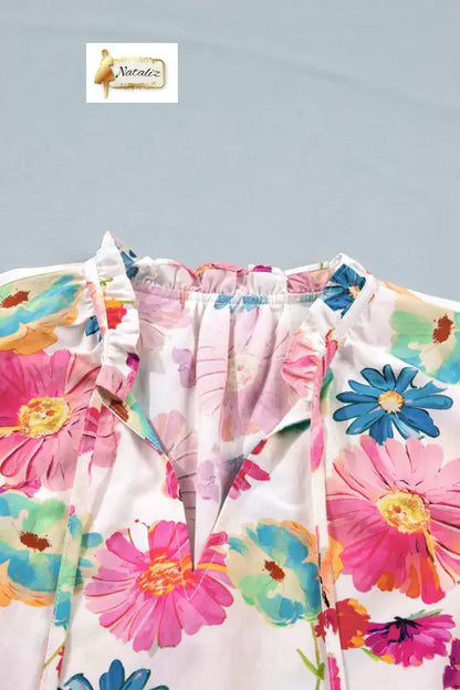 Beige Vibrant Summer Floral Tie V Neck Short Puff Sleeve Blouse Nataliz