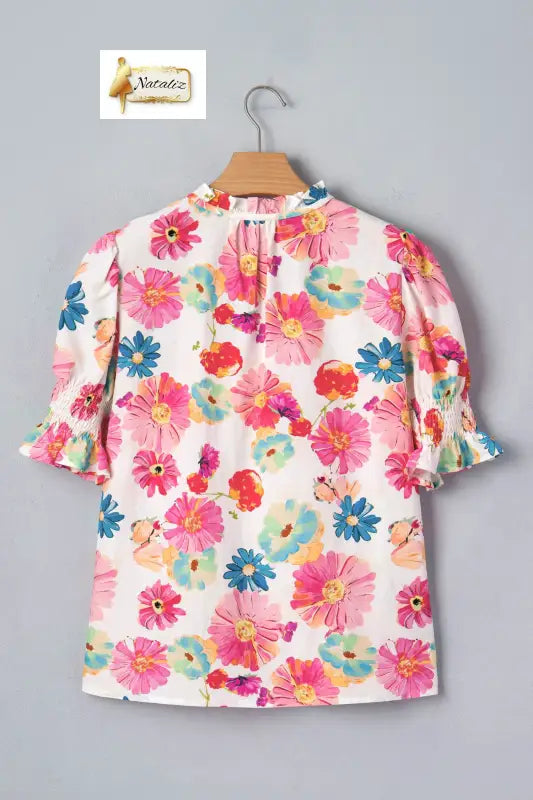 Beige Vibrant Summer Floral Tie V Neck Short Puff Sleeve Blouse Nataliz
