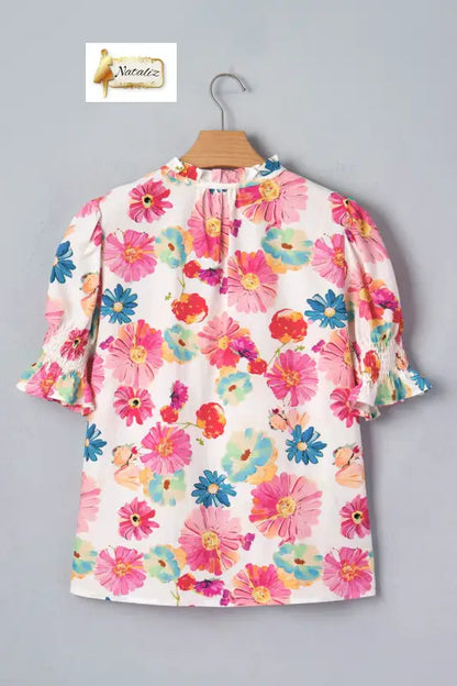 Beige Vibrant Summer Floral Tie V Neck Short Puff Sleeve Blouse Nataliz